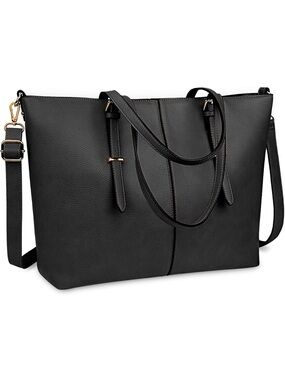 Classic Black Faux Leather Tote/laptop Bag with Adjustable Strap